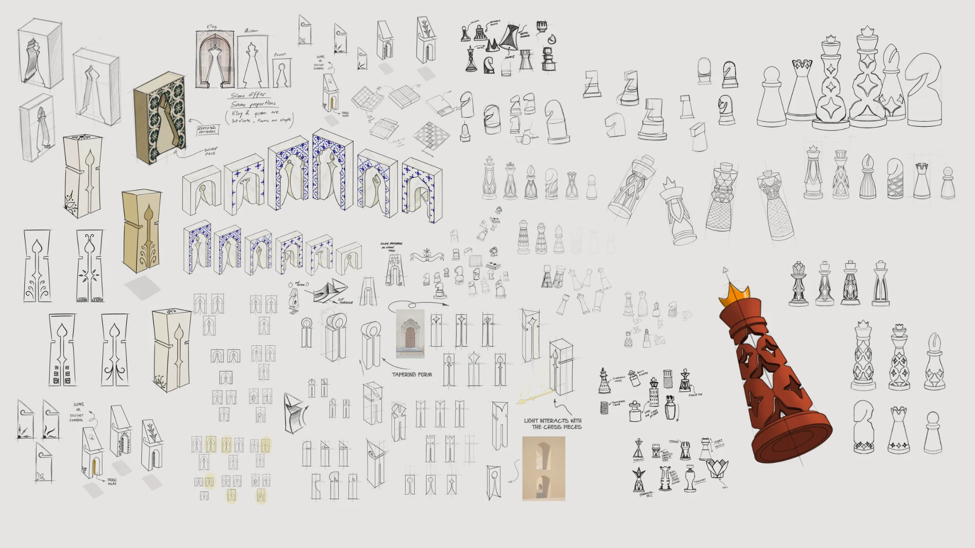 Ideation sketches — material pairings, board construction and figure studies